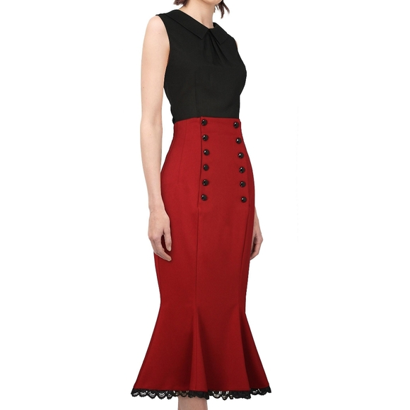 Deep red, satin-look, low sitting mermaid, pencil, knee length skirt AU 8-10 - Picture 2 of 11